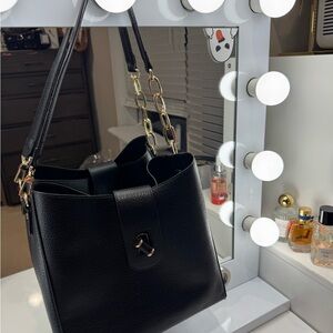 Black Women's Leather Tote Bag with Chain Detail